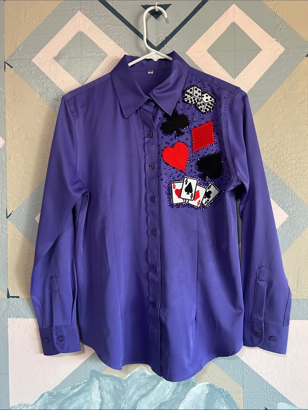 Handmade women’s Purple Button-Up Shirt with Card Suit Embellishments